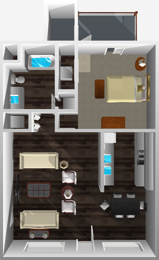 This image is the visual 3D representation of Floorplan A in Bellevue Apartments.