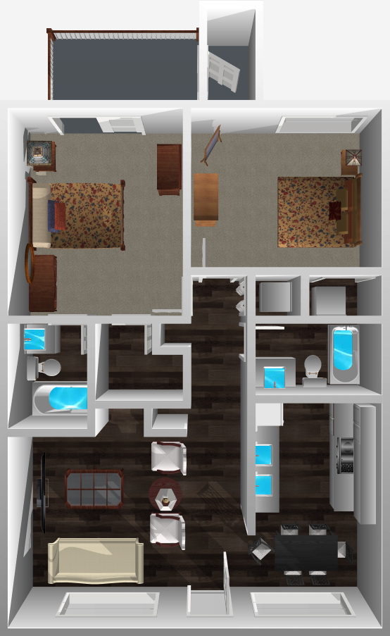 This image is the visual 3D representation of Floorplan B in Bellevue Apartments.