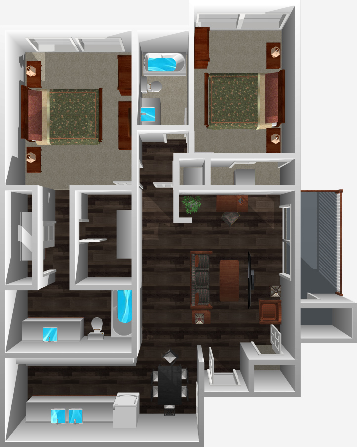 This image is the visual 3D representation of Floorplan C in Bellevue Apartments.