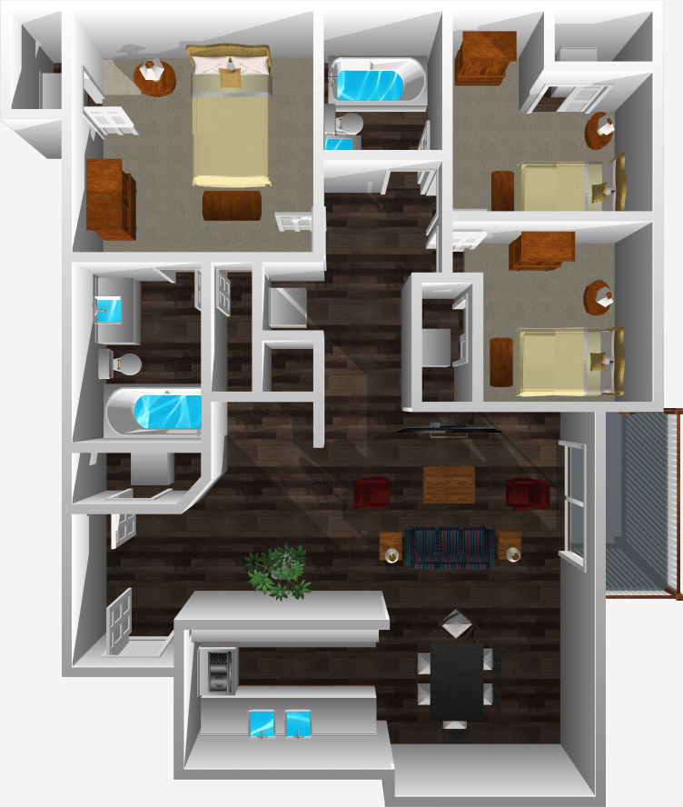 This image is the visual 3D representation of Floorplan D in Bellevue Apartments.