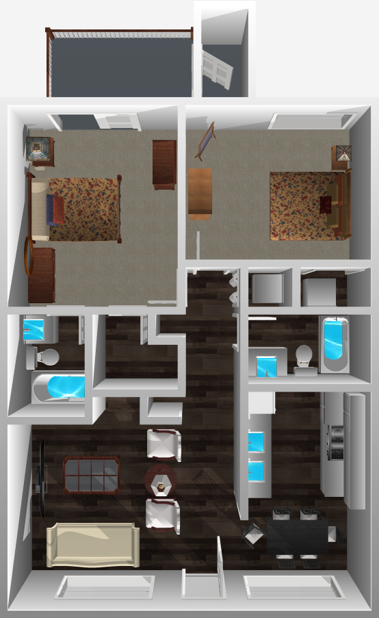 This image displayed is 3D Floorplan option 2 for Bellevue Apartments website