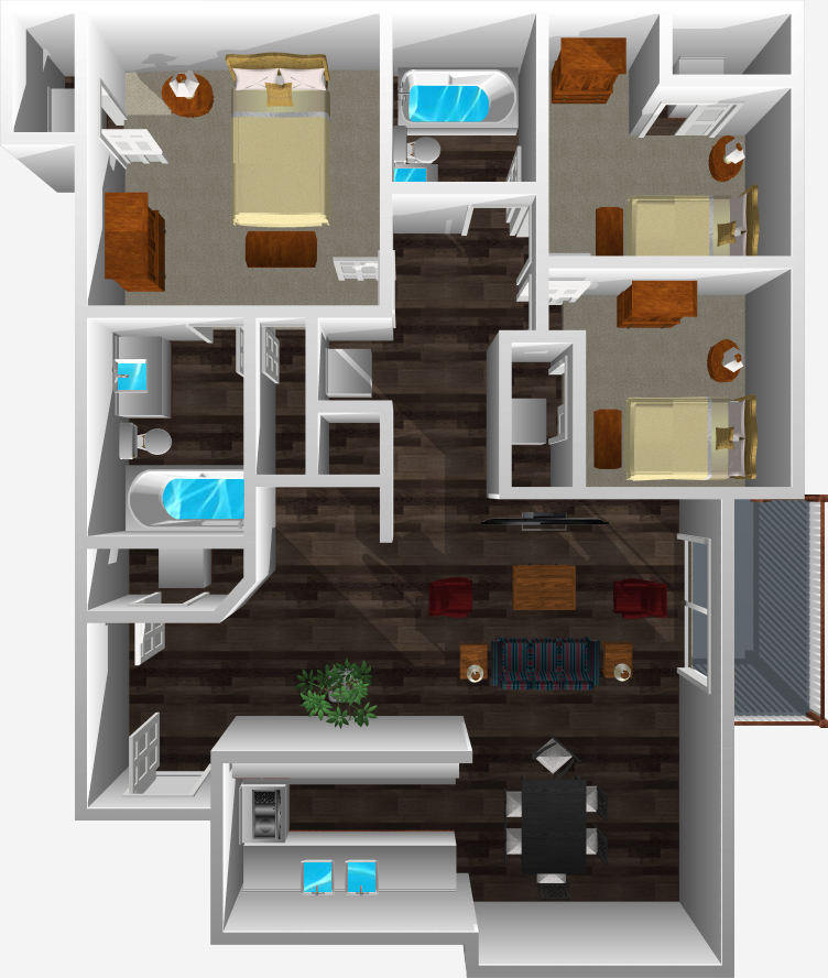 This image displayed is 3D Floorplan option 4 for Bellevue Apartments website