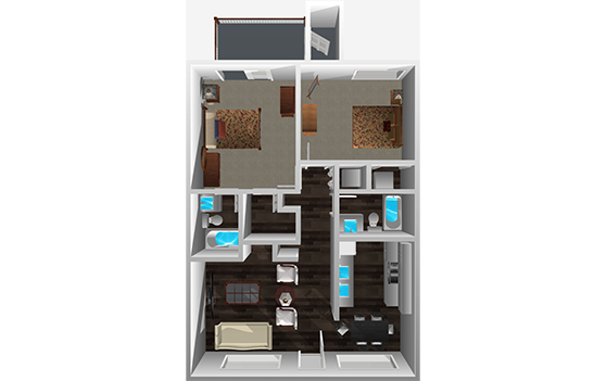 3D floor plan of 2 Bed 2 Bath apartment