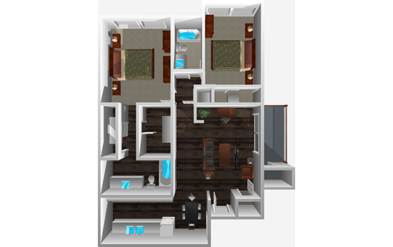 3D floor plan of 2 Bed 2 Bath apartment