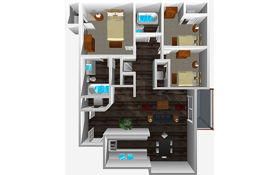3D floor plan of 3 Bed 2 Bath apartment