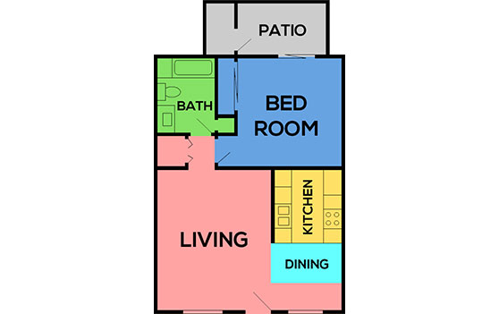 Visual schematic of the 1 Bed 1 Bath Floorplan A apartment layout at Bellevue Henderson