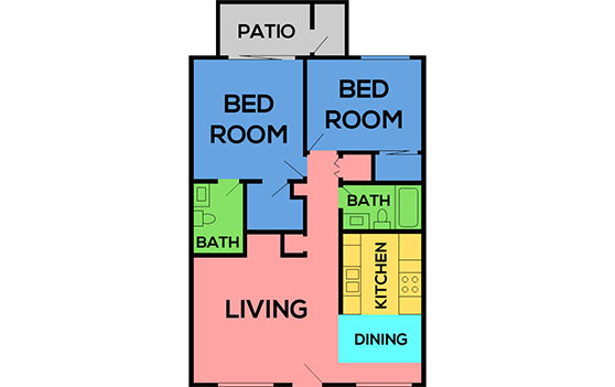 Visual schematic of the 2 Bed 2 Bath Floorplan B apartment layout at Bellevue Henderson