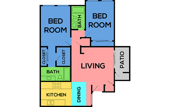 Visual schematic of the 2 Bed 2 Bath Floorplan C apartment layout at Bellevue Henderson