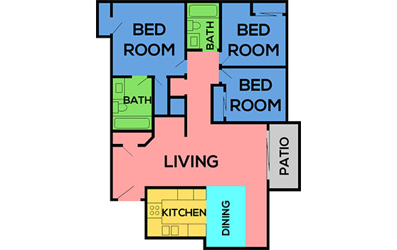 Visual schematic of the 3 Bed 2 Bath Floorplan D apartment layout at Bellevue Henderson